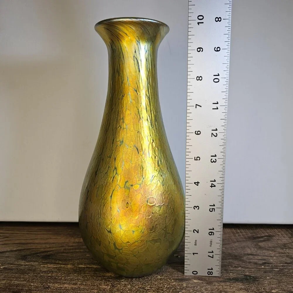 Vintage Lundberg Studios Signed Iridescent Studio Art Glass Vase 10” 1997